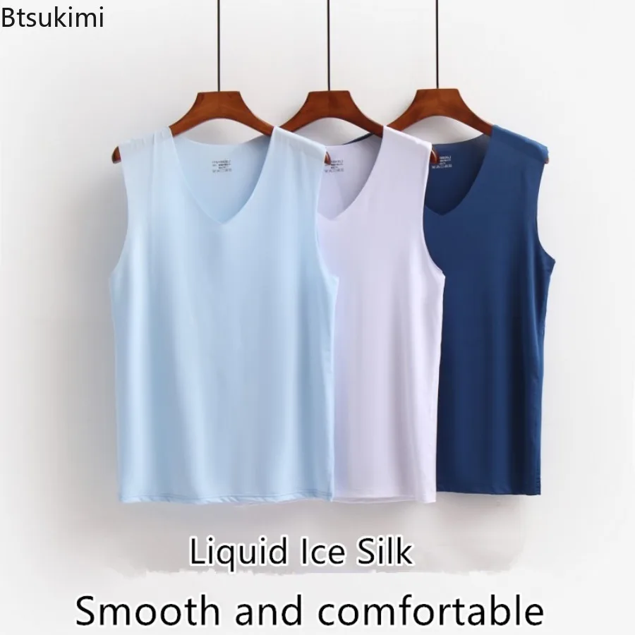 2026 Men's Summer Pajama Sets Breathable Ice Silk Sleeveless Tops Shorts Two Pieces Male Cool Comfortable Home Pijama Sets L-5XL