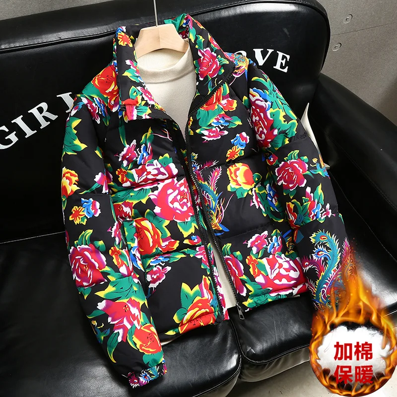 Winter New Fashion Women's Printed Casual Trendy Loose Stand Collar Zipper Quilted Jackets Female Clothes Female Parkas Coats
