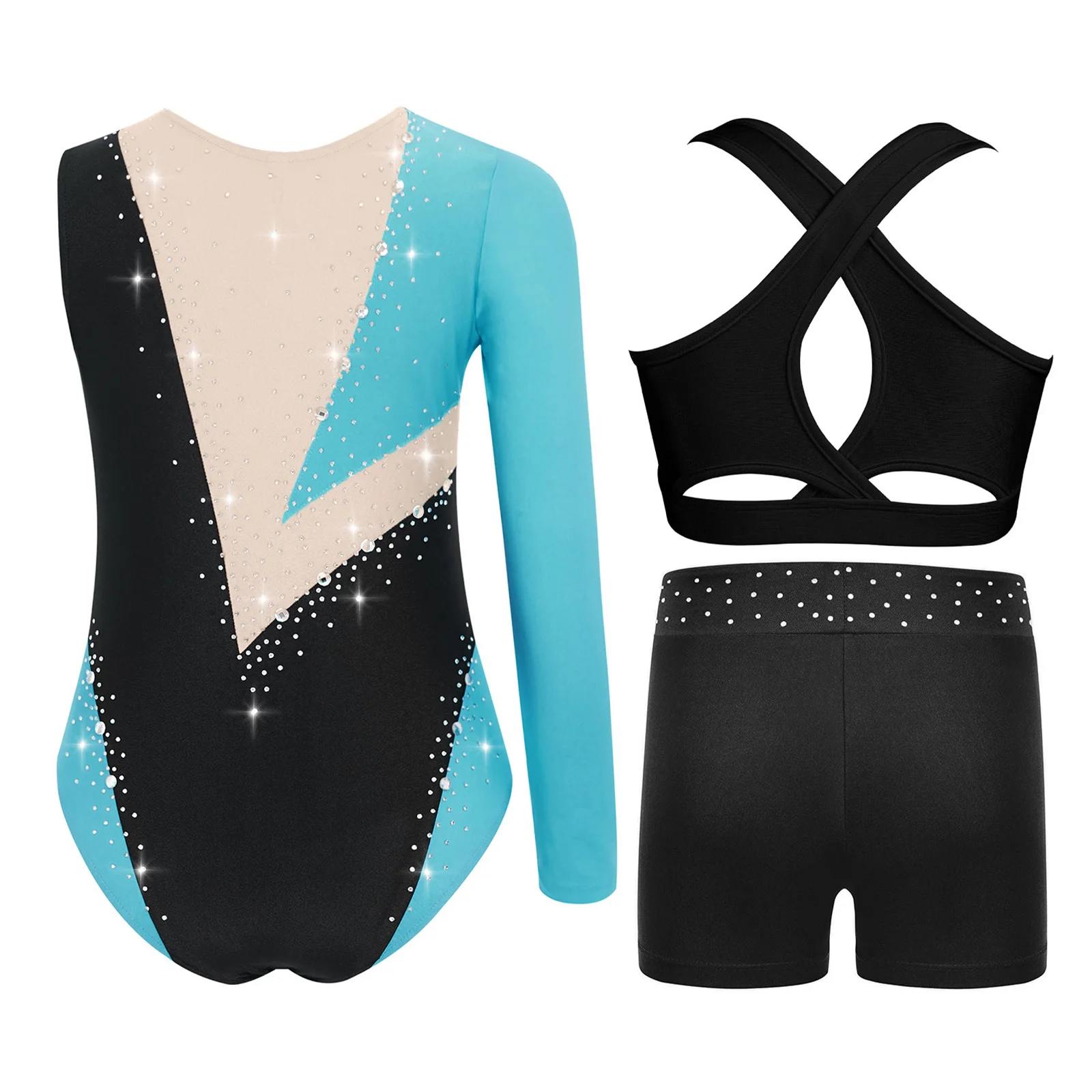 Sparkling Lyrical Gymnastics Leotard Set for Girls with Cross Back Keyhole Vest And Shorts for Ballet Latin Dance Competitions