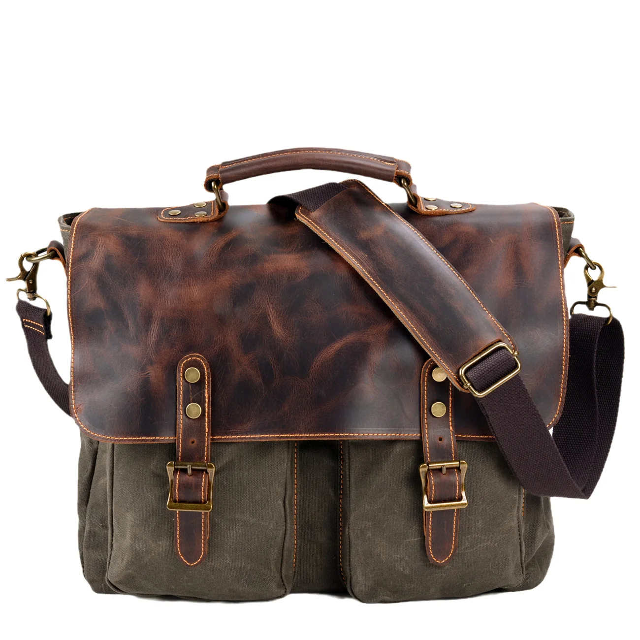 Vintage wax canvas splicing leather Briefcase handbag man's shoulder messenger bag 16 inch business computer bag