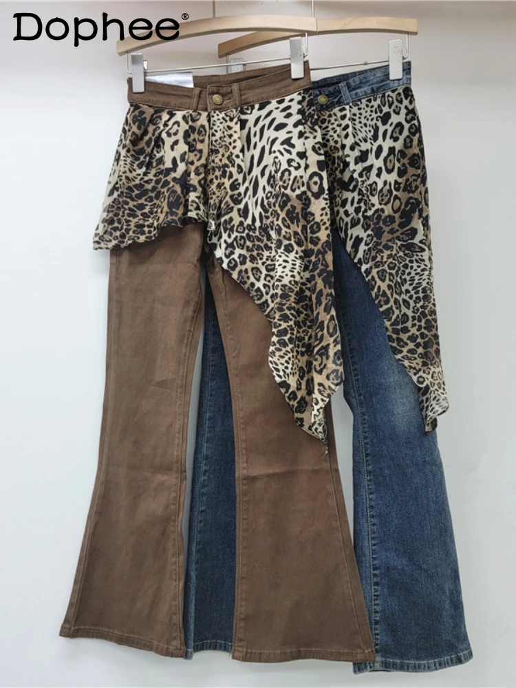 

American Retro Leopard Print Fluttering Tail Design Jeans Women Street Sexy Girls Washed Cotton Denim Trousers Flared Pants