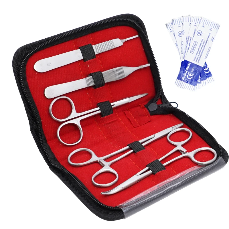 5pcs Stainless Steel Dental Surgical Tissue Tweezer Set with Scalpel Blades Surgical Scissors Forcep Hemostat Dentistry Tools