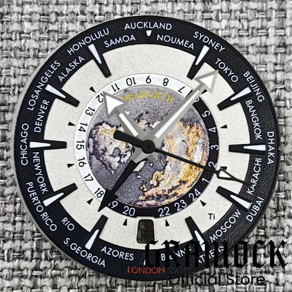 33.5mm Universal Time Blue Green Black Watch Dial 6 o 'clock Date With Green Black Blue GMT NH34 4 Hands Fit NH34 NH35 Movement