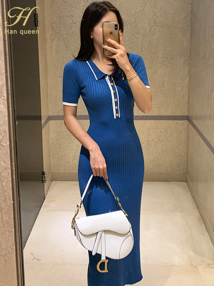 H Han Queen Summer Vintage Long Dresses Women Knitted Pencil Elegant Evening Dress woman Korean Simple Casual Work Party Vestido