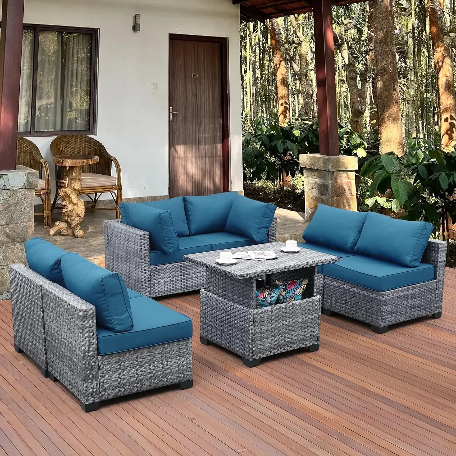 Outdoor Sectional Conversation Sofa Set with Liftable Storage Table, Non-Slip Cushions and Furniture Cover, Peacock Blue