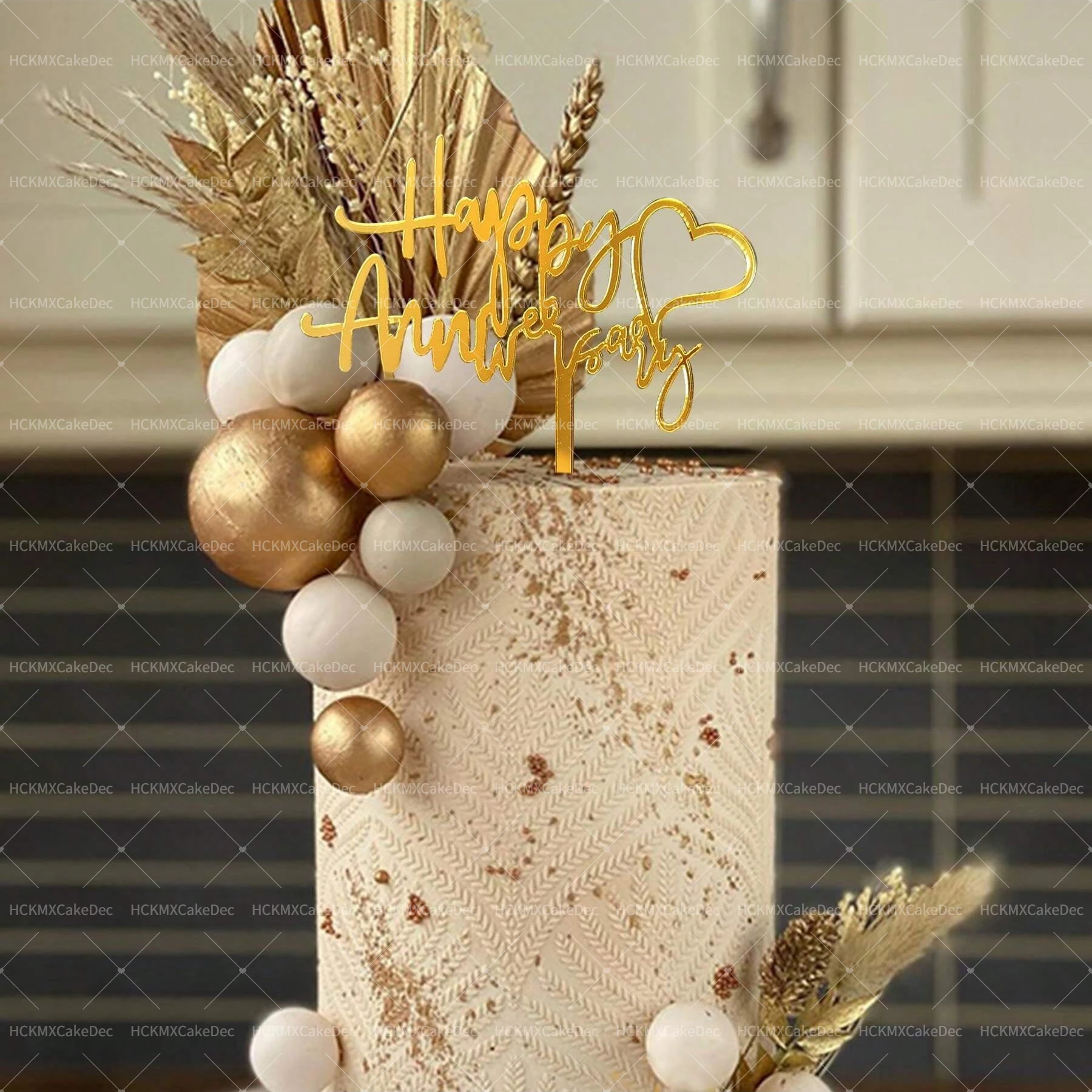 Ins Gold Happy Anniversary Tortenaufsatz für Hochzeitstorte Topper Jubiläumstorte Dekorationszubehör – Detail 3