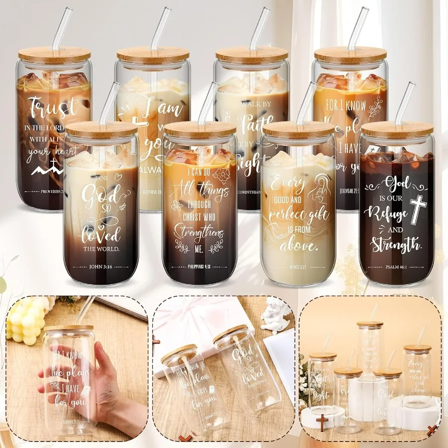 16 Sets Christian Glass Cups with Lids and Straws Brushes 16 oz Iced Coffee Cups for Women Men Coworkers Inspirational Reusable