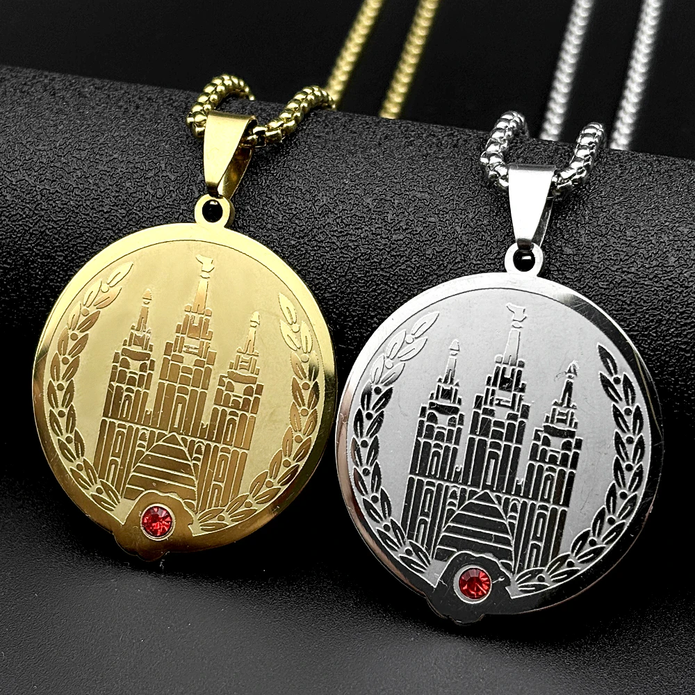 Salt Lake Temple LDS Mormon Pendant Necklace for Women Men Stainless Steel Red Rhinestone Gold Color Protection Chain Jewelry
