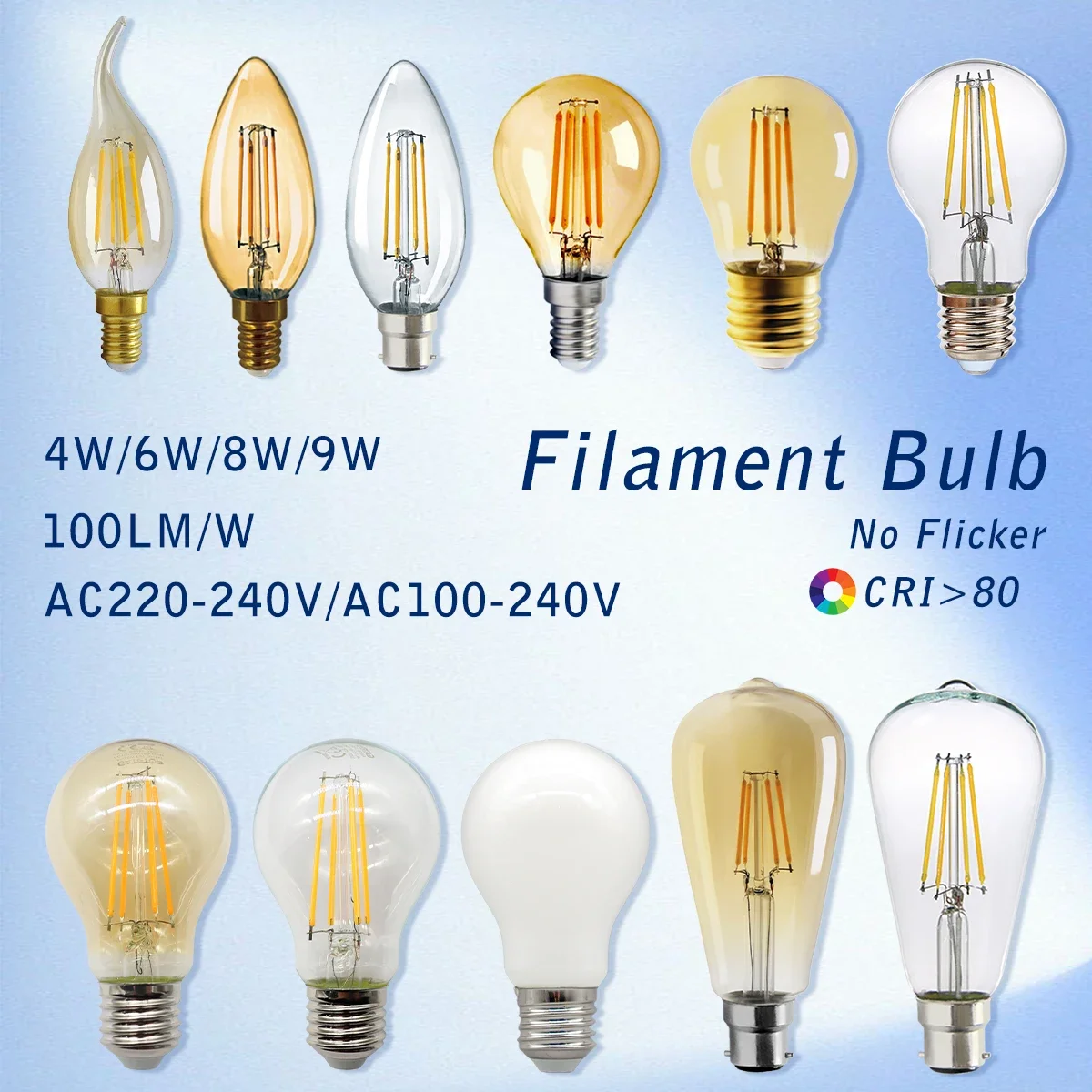 8pcs Led Edison Filament Bulb E27 B22 E14 C35 A60 ST64 220V240V Vintage 2700K 4000K Warm Glass Lamp Lighting Indoor Living