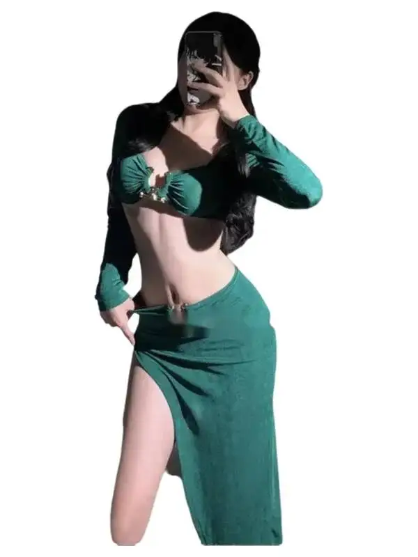 

Slim Navel Exposed Long Sleeved Bra Mature High Slit Buttocks Wrapped Skirt Set Sexy Spicy Girl Nightclub Anchor Skirt Set RFCK