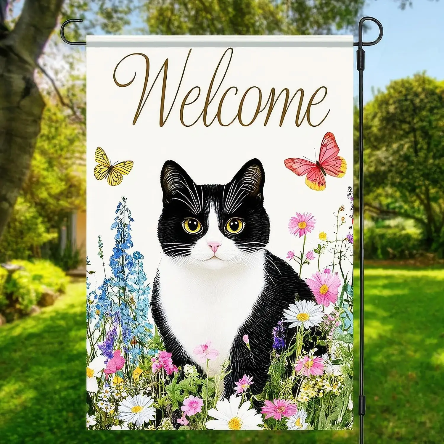 Spring Welcome Black White Cat Garden Flag 12×18 Inch Double Sided Small Black Cat Flower Floral Garden Yard Flags for Sprin llp