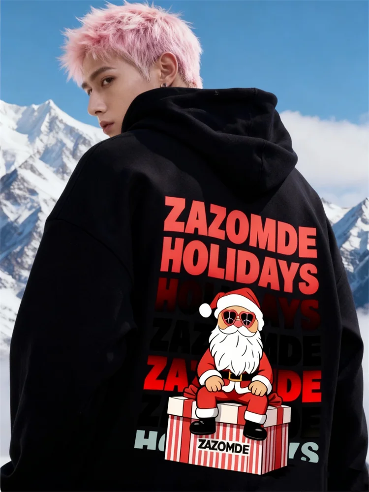 

ZAZOMDE Праздничный Санта-Клаус с подарочным принтом Мужская толстовка с капюшоном Рождественская уличная одежда из смеси хлопка и полиэстера Топ с капюшоном для холодной погоды