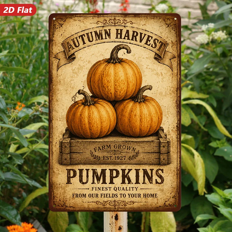 2D Flat, 1pc Vintage Pumpkin Harvest Metal Sign Wall Art, Autumn Harvest Wording, Farm Grown Pumpkins, Three Orange Pumpkins,