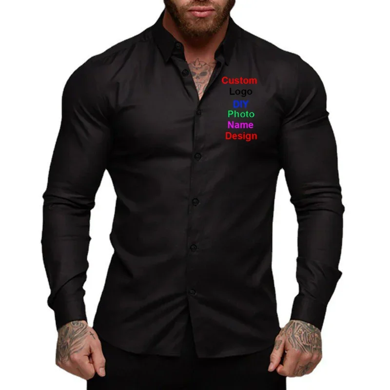 Customized DIY Brand Logo Spring Men's Long Sleeve Super Slim Fit Casual Shirt Autumn Turn Down Collar Business Dress Shirt