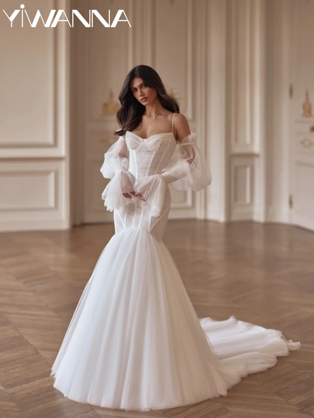 

Detachable Sleeve Pearls Wedding Dress Pleated Lace Mermaid Long Bridal Gown Customized Elegant Dreamy Dresses For Bride