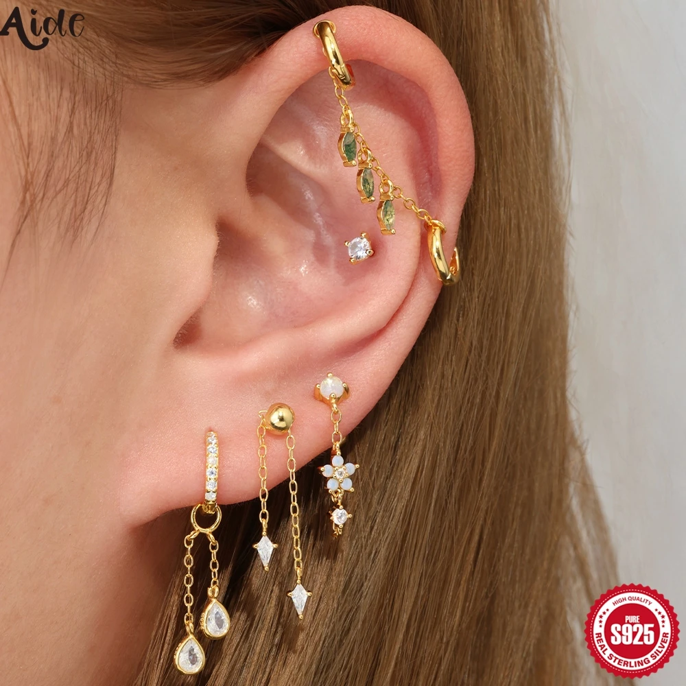 

Aide 925 Sterling Silver CZ Dangle Charm Earring for Helix Earlobe Rook Cartilage Agate Chains Earring DIY Piercing Jewelry