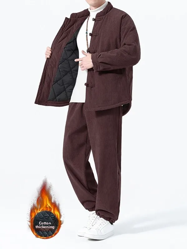 

Men's Casual Cotton Padded Jaet And Pants Set with Button Collar Thiened Winter Warm Faionable Two-Piece Suit