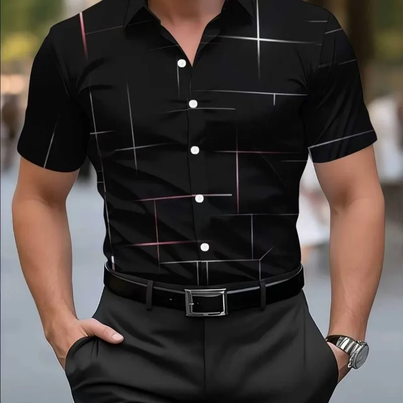 Men Geometric Print Short Sleeve Shirt Summer Turn Down Collar Slim Fit Wrinkle Resistant Business Casual Dress Shirts