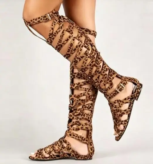 Botas Altas Planas de Verano para Mujer, Rojas, Marrones, Negras, Mate, con Recortes, Estilo Gladiador, hasta la Rodilla, con Punta Abierta, Casuales, con Hebillas, Sandalias, Botas Largas