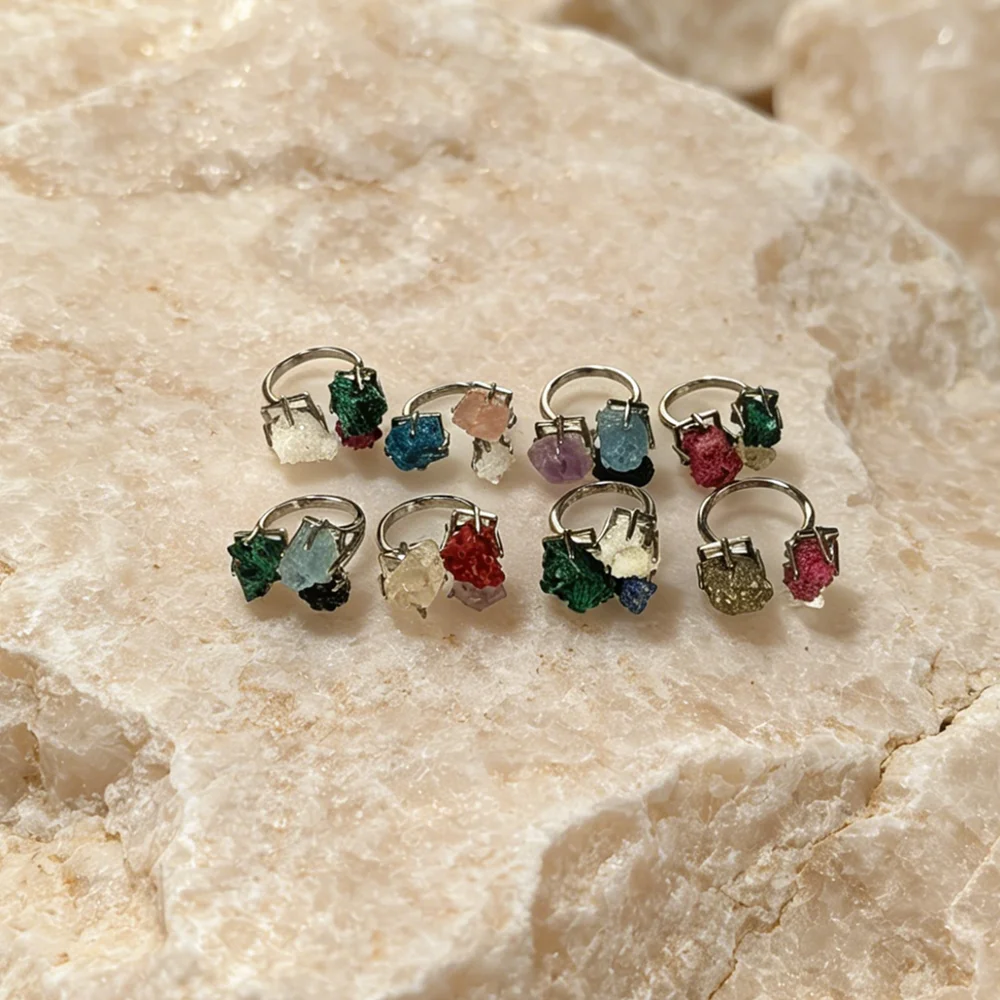 Spiritual Wellness Asymmetrical Two Stone Druzy Rings Silver Tone Mixed Natural…