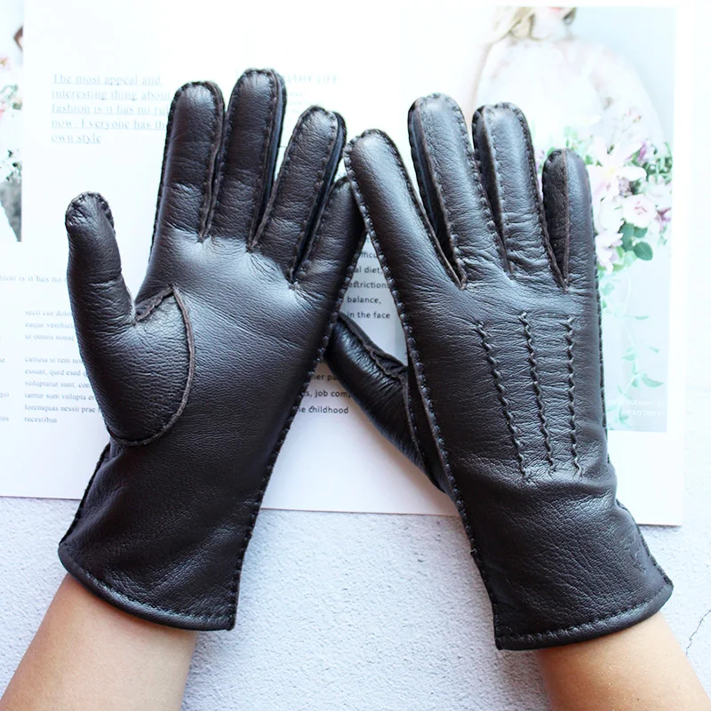 Deerskin Gloves Women's Leather Hand Stitched Fleece Lining Fall Winter Warm Ladies Vintage Simple Style Finger Gloves