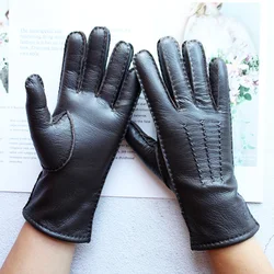 Deerskin Gloves Women's Leather Hand Stitched Fleece Lining Fall Winter Warm Ladies Vintage Simple Style Finger Gloves