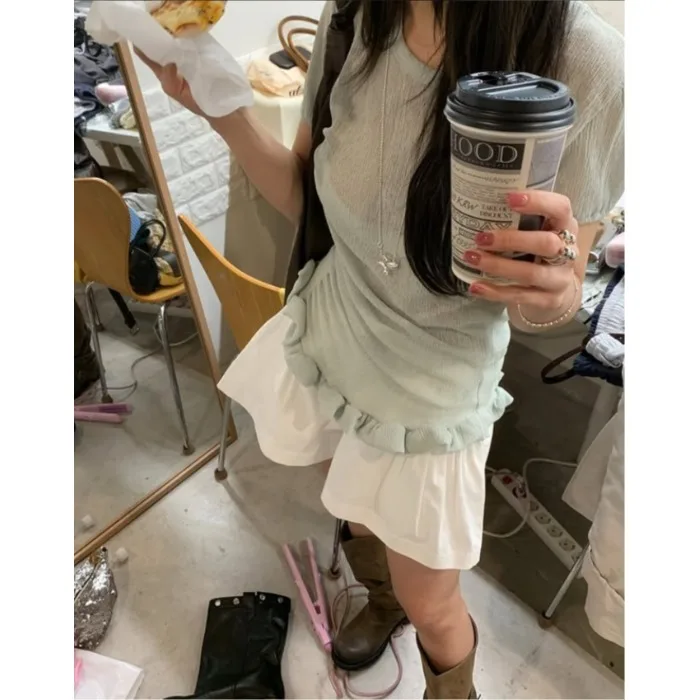 

Korean Style Feminine Ruffle Short Sleeve T-Shirt Women's Fashion Casual Spring Summer Autumn Outfit Versatile Versatile Top