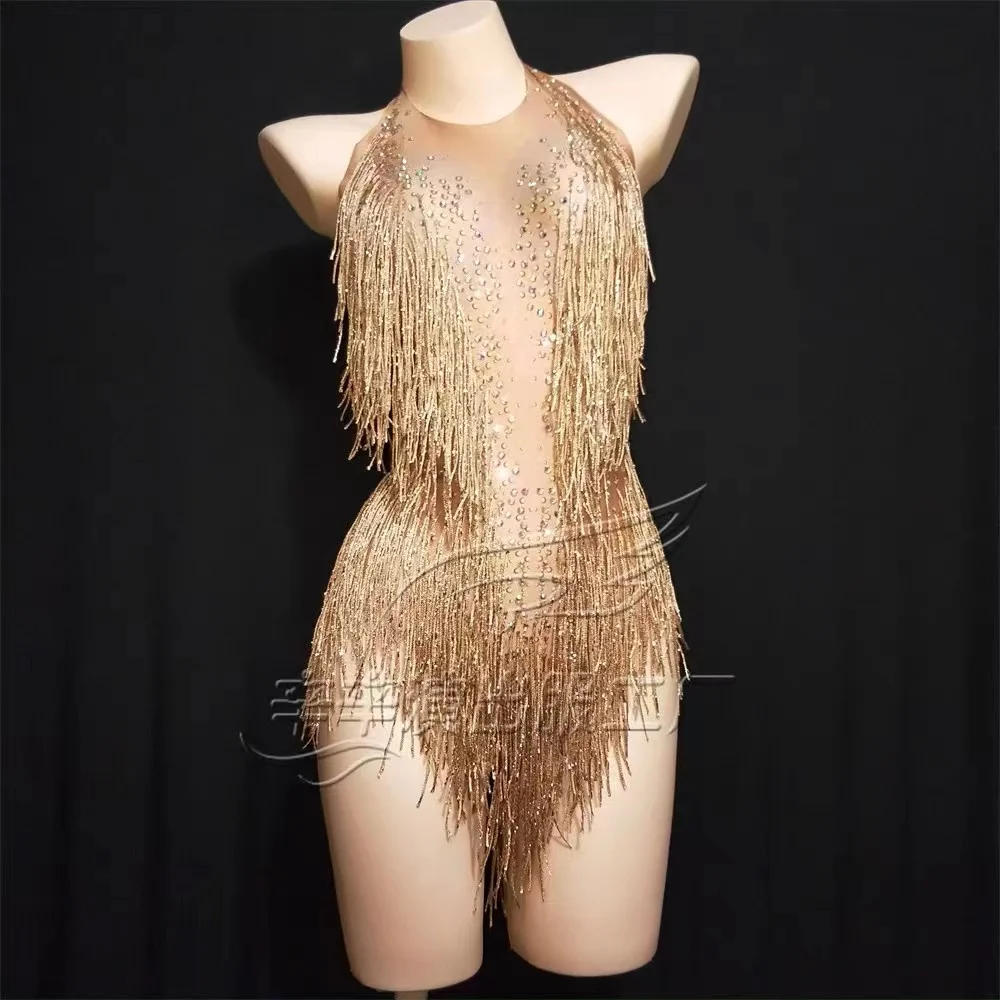 Bar Dj Singer Dancer One-Piece Outfit Costume Stage Performance Leotard Sparkly Gold Tassel Rhinestones Glisten Beads Bodysuit