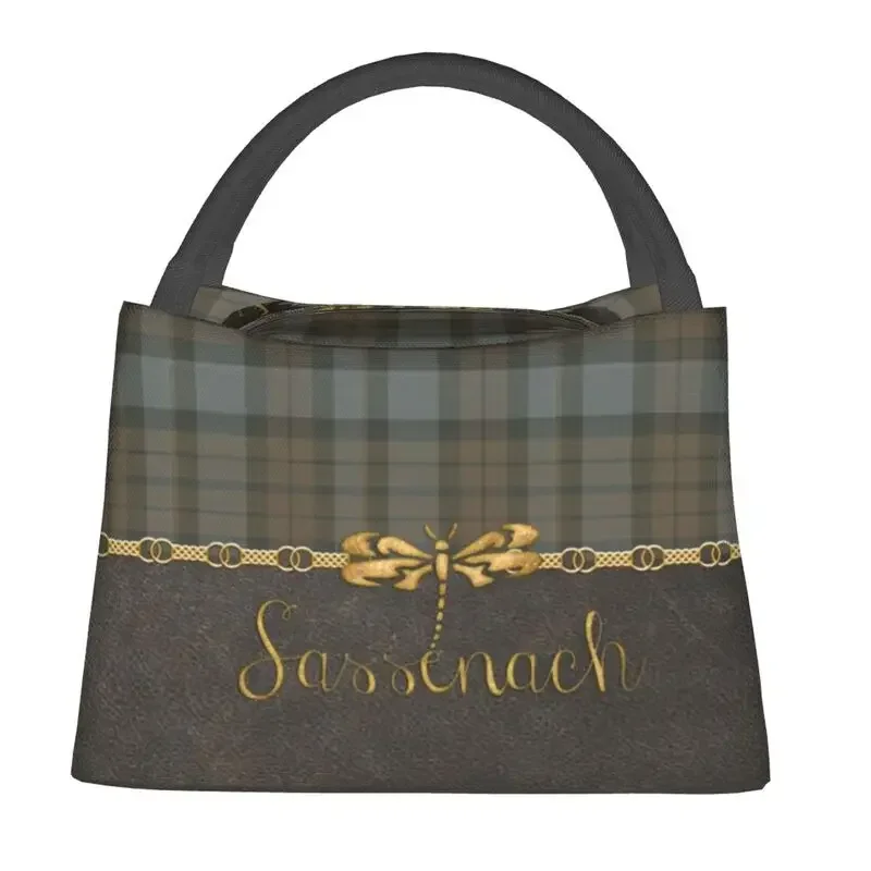 Leather And Tartan Sassenach Pattern Insulated Lunch Bag for Women Resuable Dragonfly Outlander Cooler Thermal Lunch Box