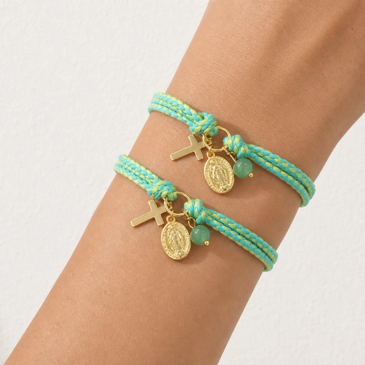 2pcs Cotton Braided Cord Cross Charm Bracelet Turquoise Gold Tone Catholic Style Tie Bracelet for Women Beach Style