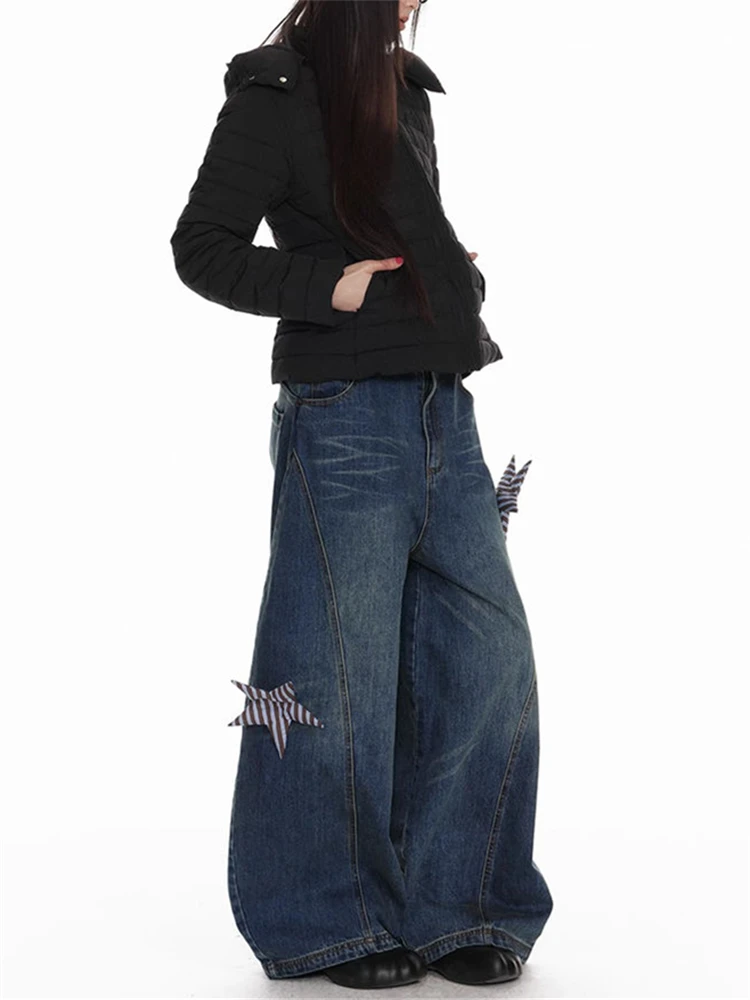 

Women's Star Decorated Curved Wide Leg Blue Jeans Personalized Loose Trousers Cool Girl Casual Bottoms Female Denim Pants