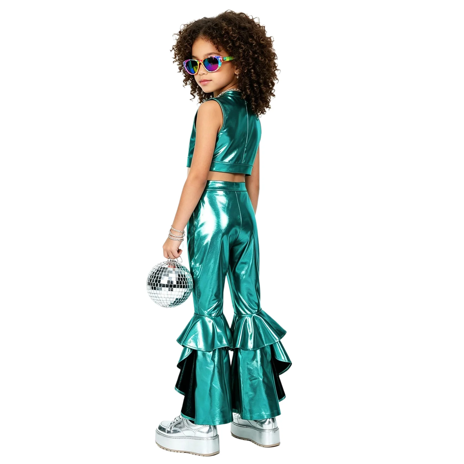 Teen Girls Metallic Disco Jazz Dance Outfits Sleeveless Shiny Crop Top Vest with Flare Pants Hip Hop Party Performance Costume