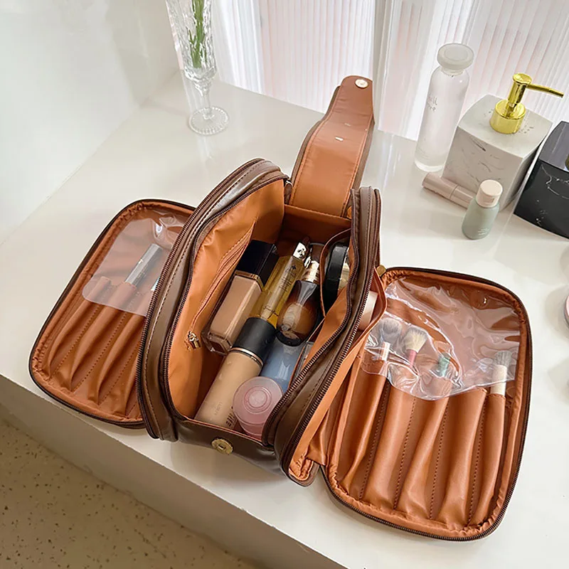 

Fashion Large Capacity Portable Makeup Bag High Quality Lady Solid New Leather Texture Storage Bag Multi-Functional Toiletry Bag