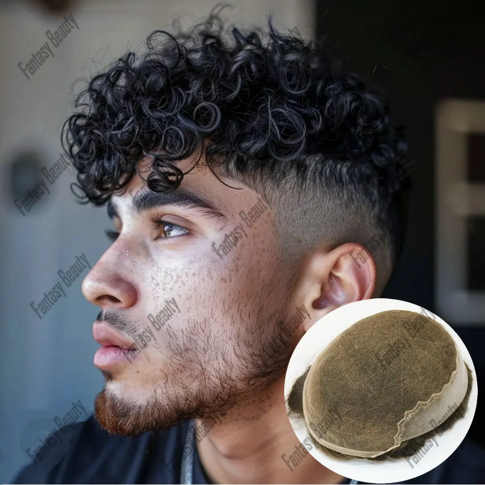 Cabello humano de encaje suizo Q6 con nudos dobles duraderos para hombres, peluquín Afro rizado de 18mm, peluquín transpirable, 5x7, 6x8, 7x9, 8x10