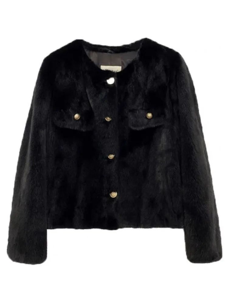 Black Imitation Mink Fur Coat Autumn Winter Jacket Short Single Breasted Women Faux Fur Coat Outerwear Snow Jacket