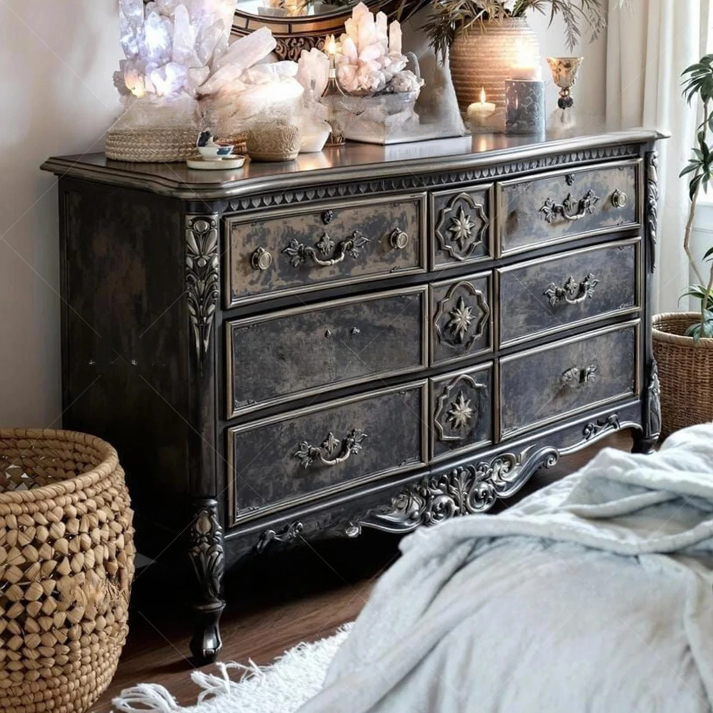 retro solid wood carving flower nine bucket home bedroom multi-functional drawer decorative cabinet