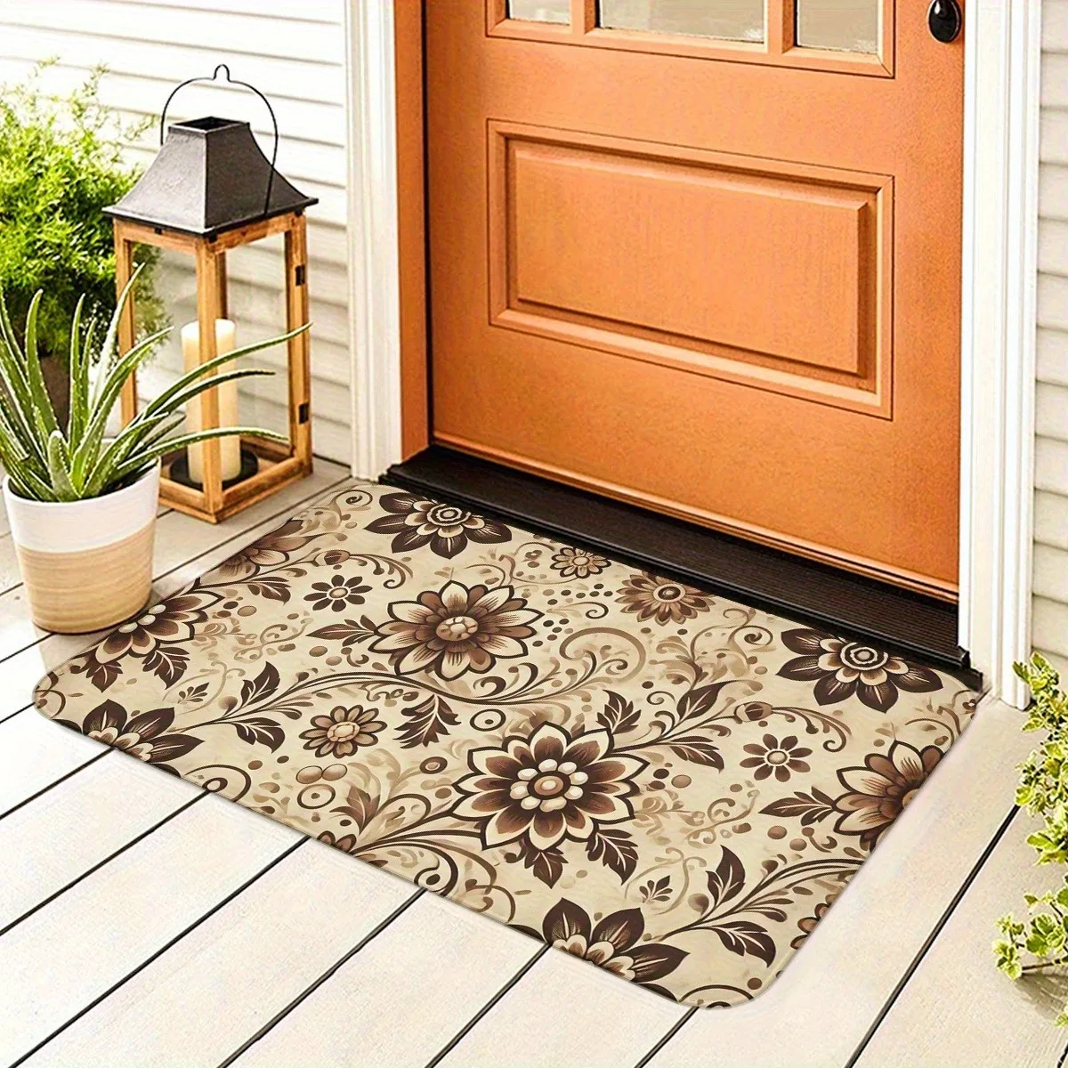 

1PC Elegant Floral Vine Motif Kitchen Rug Non-Slip Door Mat Pop design Bathroom Rug Bath Mat Carpet for Home Sink Laundry Decor