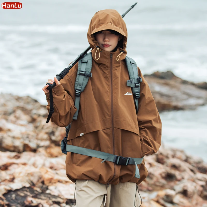 2023 Spring New Hiking Climbing Outerwear Windproof Jacket Hooded Coats Men Women Loose Patchwork Zipper Hat Jackets Plus Size