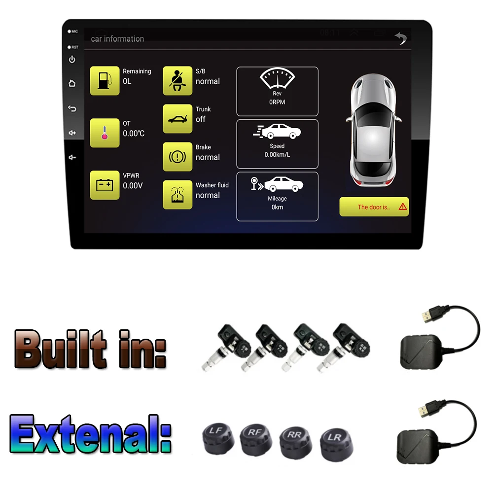 Android TPMS For Car Radio DVD Player Tire Pressure Monitoring System Spare Tyre Internal External Sensor USB TMPS