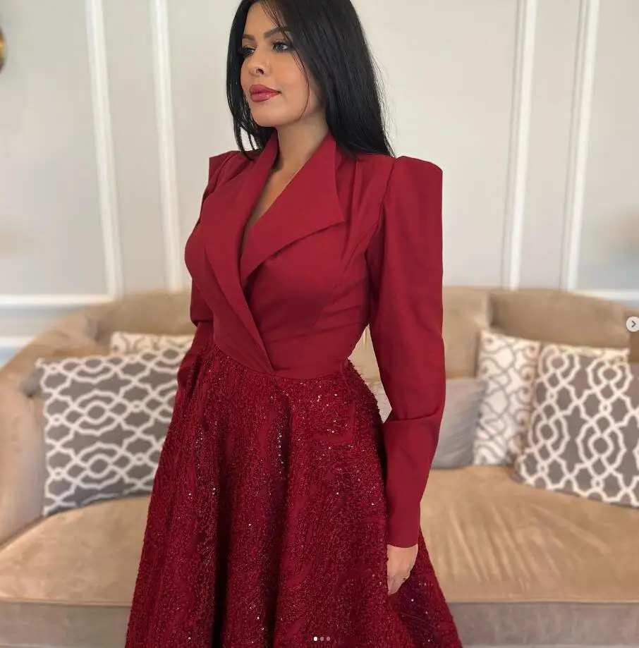 فساتين رسمية للحفلات الراقصة السعودية سباركلي باللون العنابي بأكمام طويلة وتنورة كبيرة مخصصة ملابس العروس العربية في دبي فستان حفلات الزفاف