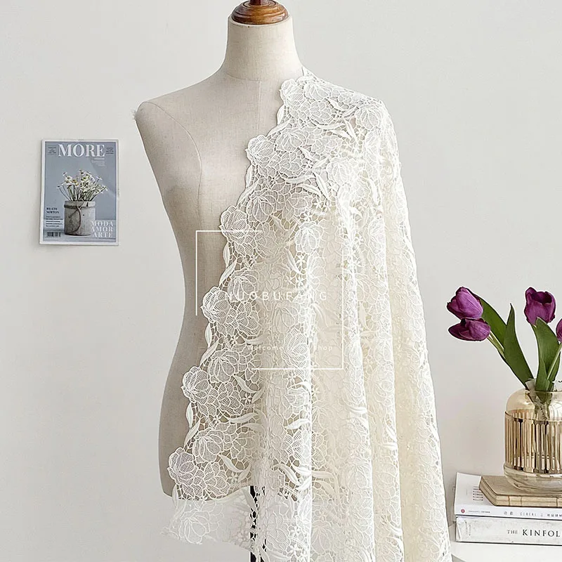 Off White Flower Hollow Water-soluble Embroidery Lace Fabric Dress Cheongsam Custom Fabric Designer Fabric Hamdmade Diy