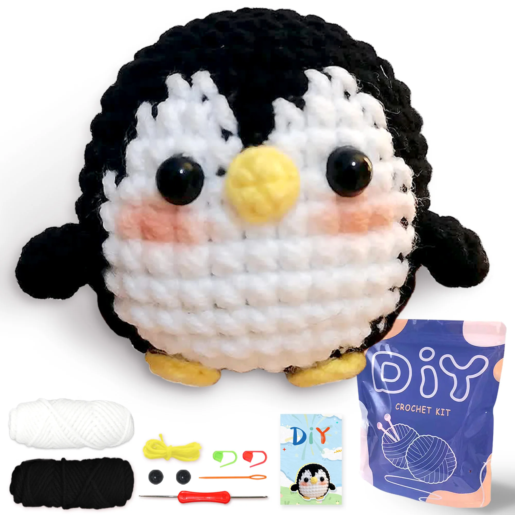 Conjunto de crochê de pinguim 1 unidade para iniciantes, inclui tutoriais de vídeo passo a passo (acessórios em cor aleatória)
