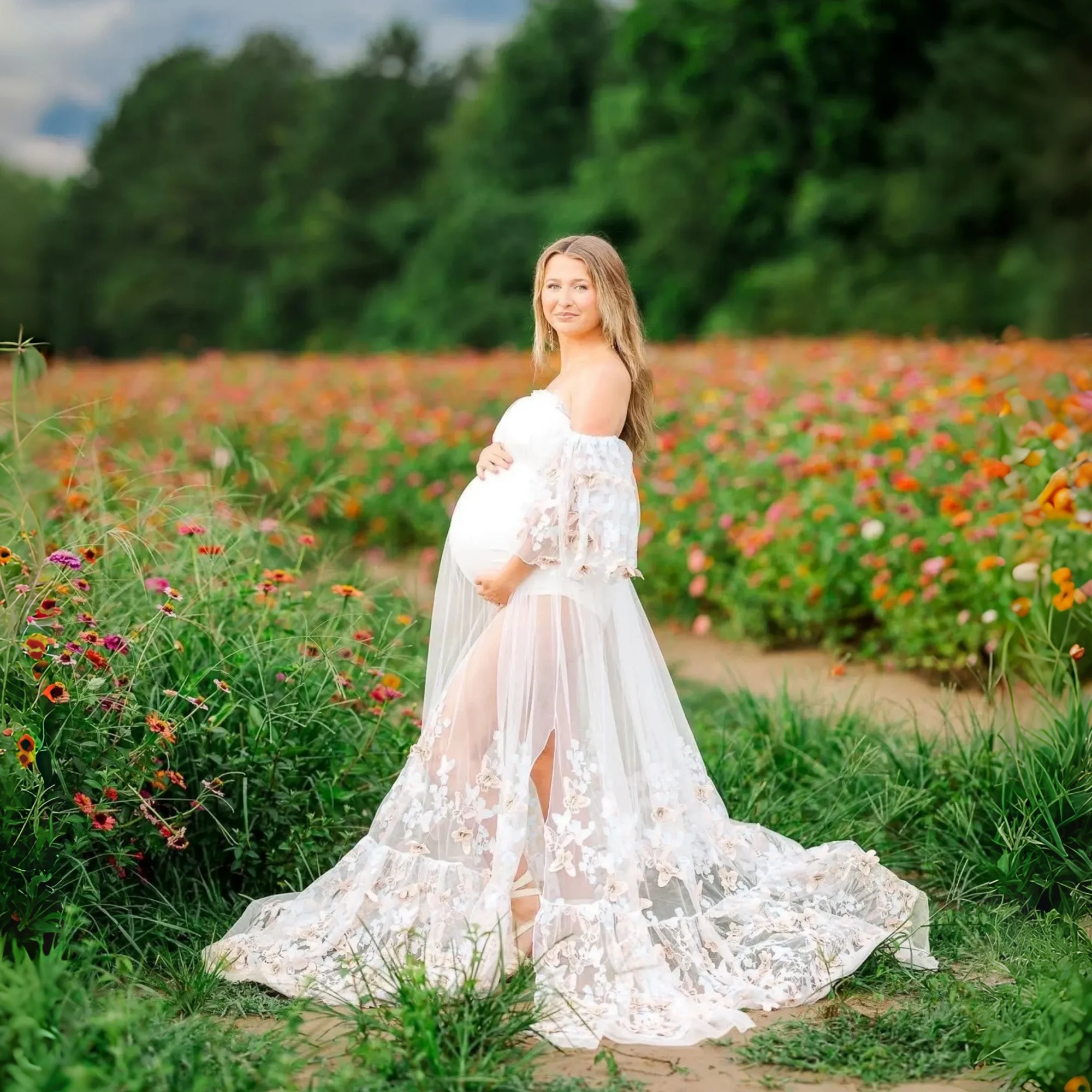 Embroidered Tulle Lace Maternity Dress For Photography Slash Neck See Through Embroidery Lace Pregnancy Photo Shoot Outfit