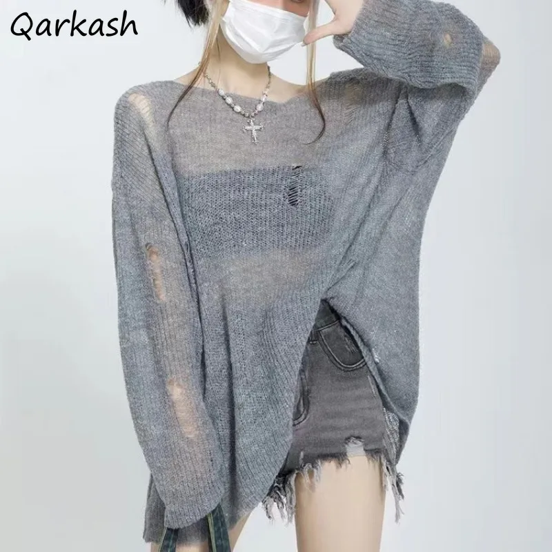 

Pullovers Women Slash Neck Ripped Knitted Sweater Long-sleeved Loose Fit See-through All-match Trendy Ulzzang Sun-proof Summer