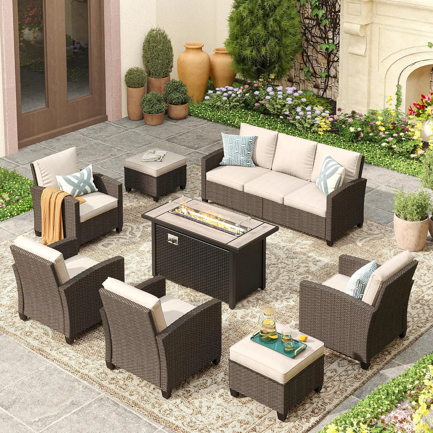 Wicker Patio Furniture Set, 3-Seat Sofa, Single Chair, Ottoman, Outdoor Conversation Set for Garden, Beige Cushion