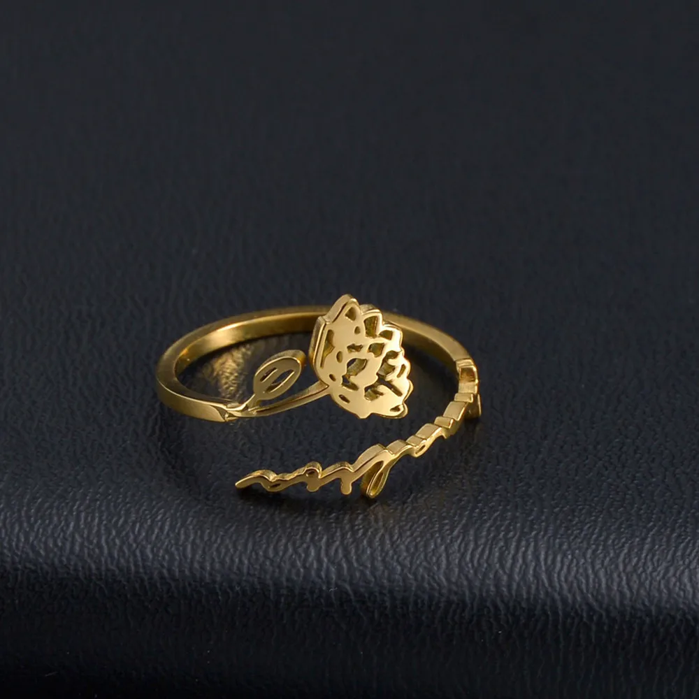 Custom Engels Naam Maand Bloem Ring Rvs Gold Brief Verstelbare Sieraden Hand Cirkel Voor Vrouwen Verjaardagscadeau