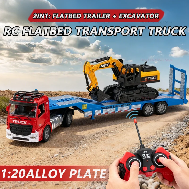 

1/20 scale RC Flat Truck Model And Excavator Two-in-one Alloy Engineer Vehicle 2.4G Radio Controlled Trailer Toys for Boy Gifts