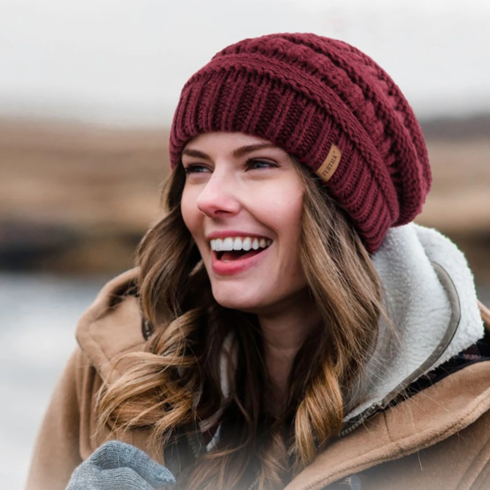 FURTALK Winter Beanie Hat for Women Satin Lined Cable Knit Chunky Slouchy Beanies Skull Warm Cap