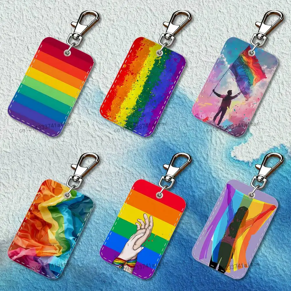

Lesbian LGBT Rainbow Pride Rectangle Access Card Case Leather Card Holder Keychain Key Ring Transportation Card Case