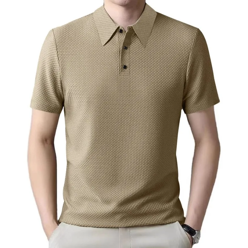 Men Solid Mesh Bubble Fabric Ice Silk Short Sleeve Polo Shirt Button Casual Plus Size Summer Tops